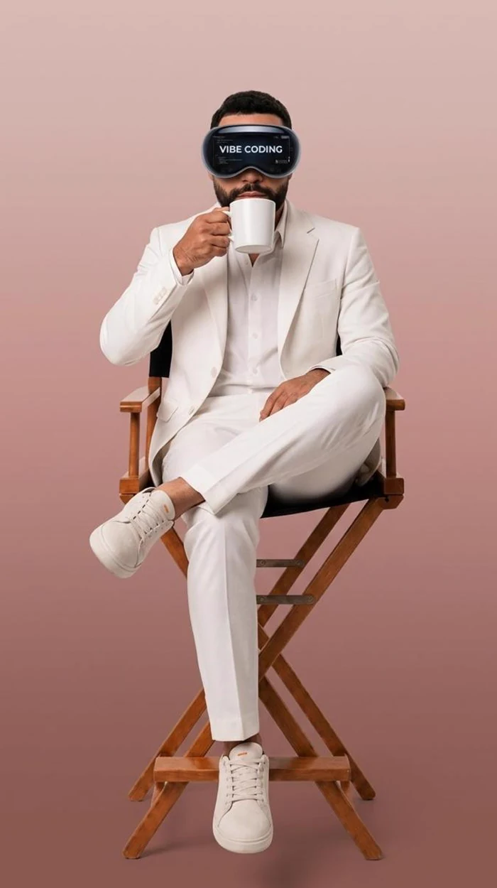 Wallison Carvalho de terno branco e óculos de realidade virtual, tomando café